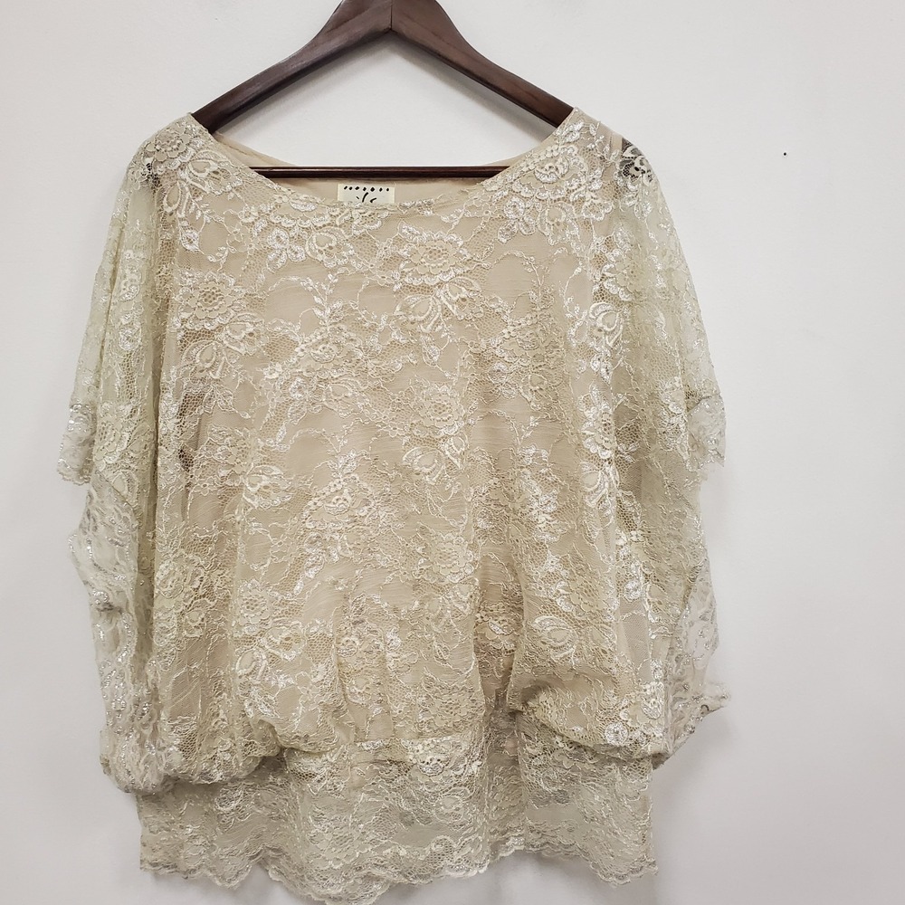 Ice Womens Lace Overly Fairy Ethereal Angelcore Top Size XL Cream Metallic Drape - Picture 2 of 10